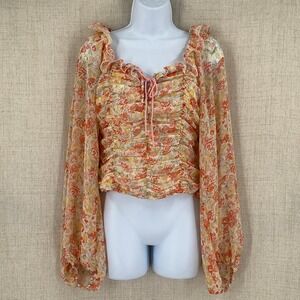 Free People Top Sz M Orange Floral Ruched Chiffon Back Cutout Festival Boho
